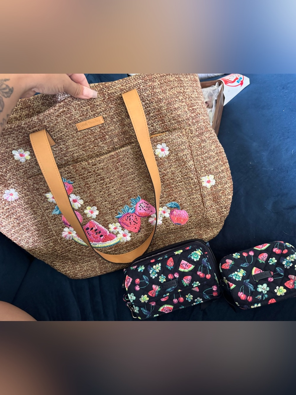 Vera Bradley Brown Straw Tote with Pink Fruit Embroidery  with wallet